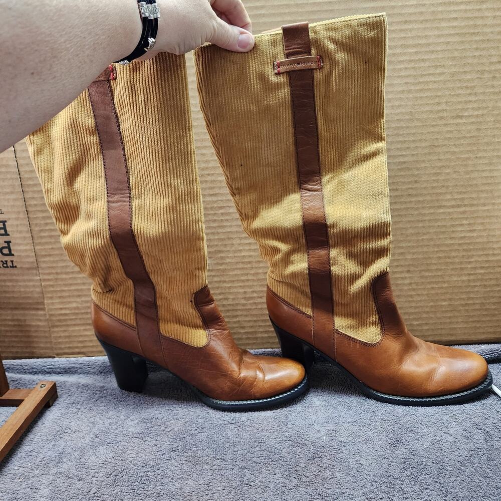 Tommy Hilfiger brown corduroy leather tall boots women size 8 b52